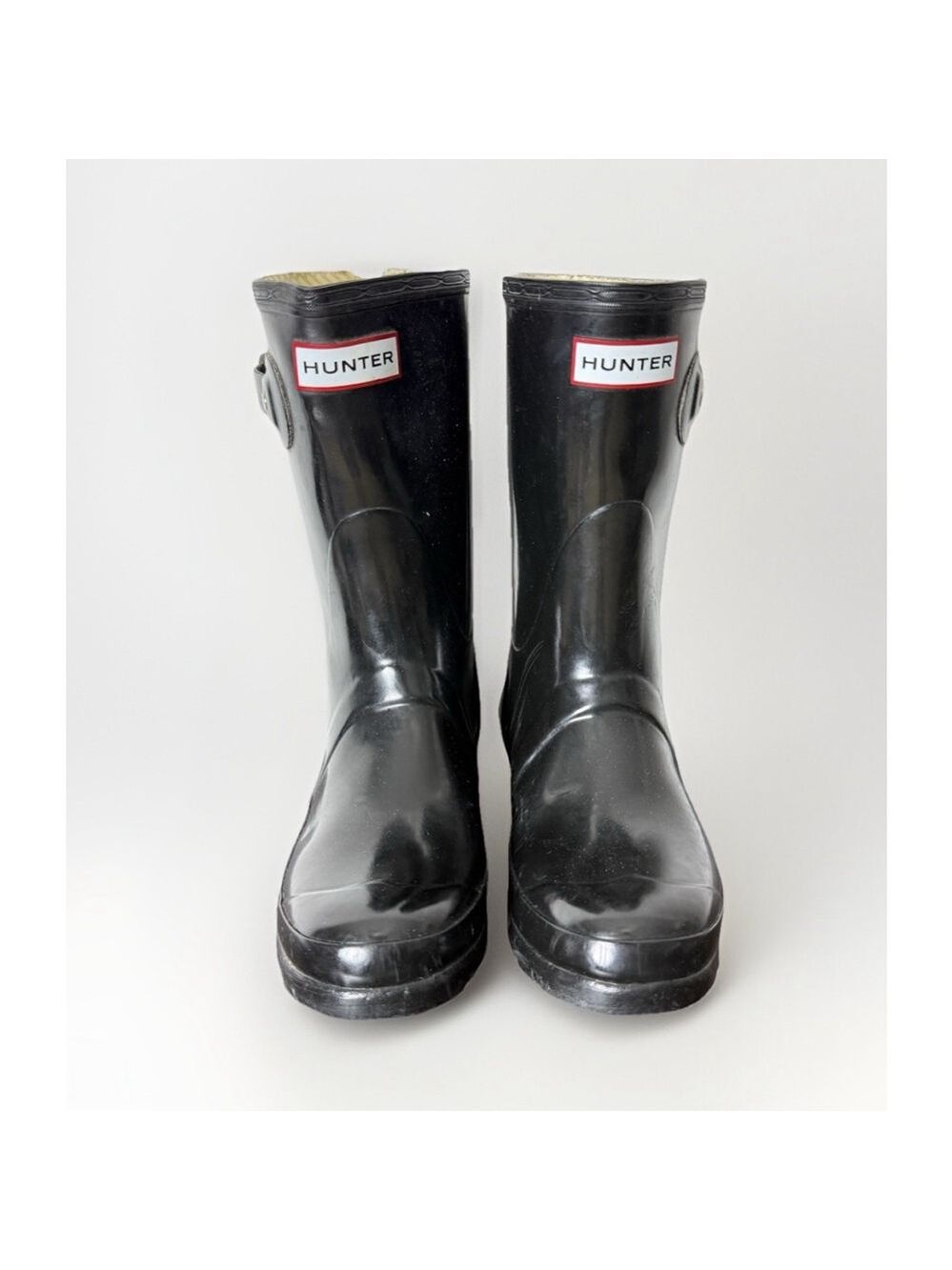 Hunter Original Gloss Short Rain Boots Size 5M Black Logo Waterproof Preppy Chic